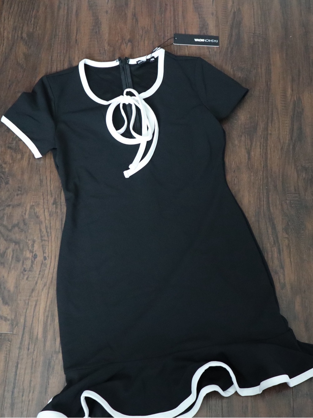 Fashion Nova Black Dress with White Trim and Bow Neck